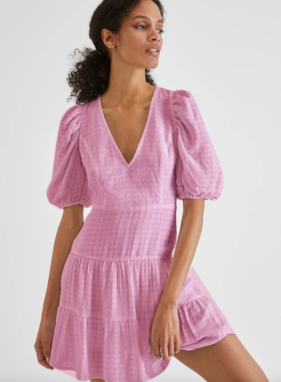 French Connection Birch Gingham Puff Sleeve Tiered Mini Dress Size 6 Mauve Pink
